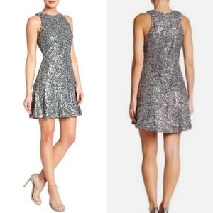 Dress the Population Silver Sequin Mia Mini Flare Dress